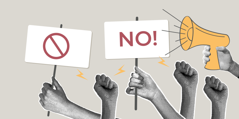 Contemporary halftone collage. Concept of protest, public assembly, labor strike, civil rights activist protest. Hands with protest signs, megaphone. Modern collage for design