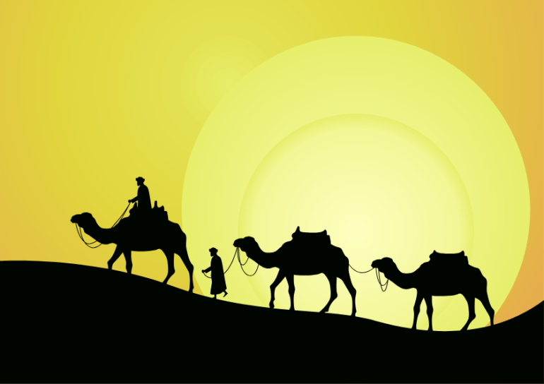 stock vector camel caravan going through the desert on beautiful sunset background graphic illustration
