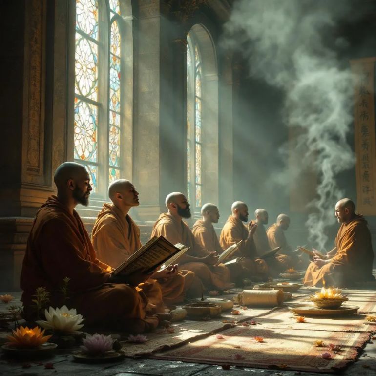 "A serene and contemplative scene inside an ancient temple, where a diverse group of thinkers and monks meditate and discuss the concept of sacrifice as spiritual purification and atonement for sins. Soft natural light filters through stained glass windows, illuminating peaceful faces deep in reflection. Around them, symbolic elements like lotus flowers, incense smoke, and ancient scrolls emphasize spiritual cleansing and mental discipline. The atmosphere is calm, thoughtful, and transcendent."
