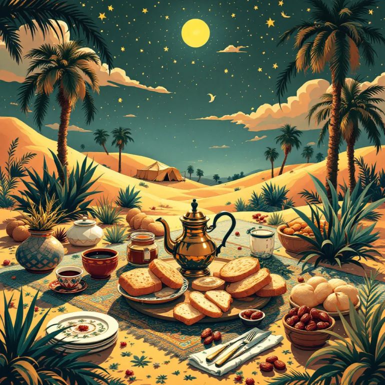 Create an artistic illustration symbolizing the Arab novelist’s personal connection to the world of food and drink, set within a rich and diverse cultural landscape. Depict a symbolic scene where elements of traditional Arab cuisine—such as bread, dates, or a communal coffee pot—are displayed on an ornate carpet or traditional table, surrounded by subtle motifs evoking the desert and hospitality (like palm trees, tents, or flowing patterns). The image should highlight the spirit of generosity rooted in the region’s desert heritage, with a warm, inviting atmosphere. No human figures—focus on food, objects, and cultural symbols that convey the value of hospitality and the diverse cultural fabric of the Arab world.