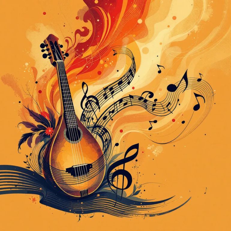 تصنع الأغنية المتميزة بجودتها، وقوة جذبها، وتأثيرها في نفوس متابعيها "An expressive, conceptual illustration symbolizing the aspirations of Arabic music, without any people. Combine traditional Arab musical instruments—like the oud, qanun, and ney—intertwined artistically with modern elements such as digital sound waves, headphones, or abstract representations of audio technology. Use flowing musical notes and calligraphic patterns to evoke a sense of movement and creativity. The scene should blend warm, rich colors (gold, red, deep brown) for a nostalgic yet innovative feel. Let the composition convey the dialogue between heritage and innovation, highlighting the quest for renewal and creative evolution in Arabic song, all while maintaining a distinctly Arabic aesthetic."