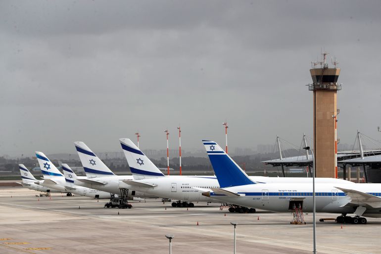 El Al Israel Airlines planes are seen on the tarmac at Ben Gurion International airport in Lod, near Tel Aviv, Israel March 10, 2020. REUTERS/Ronen Zvulun