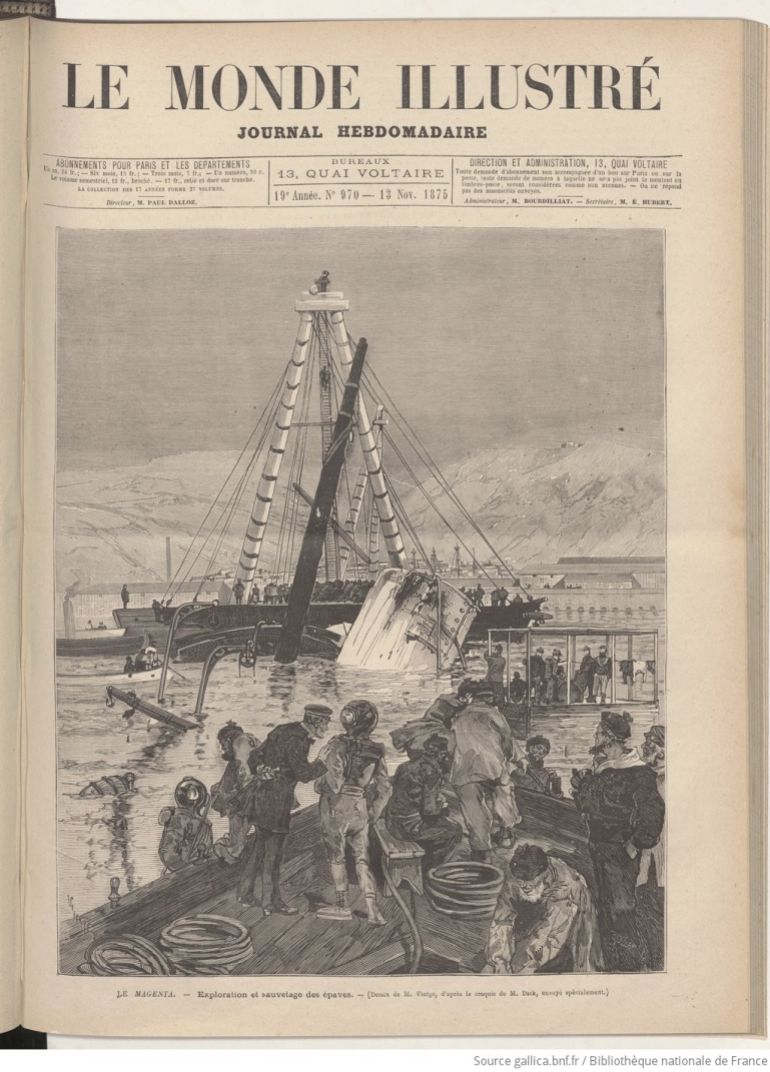 عملية البحث عن الآثار الغارقة من سفينة ماجنتا / صحيفة جورنال إبدومادير نوفمبر تشرين الثاني 1875 (متحف اللوفر)