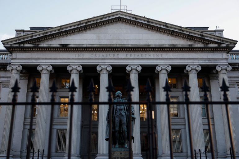 WASHINGTON, DC - JANUARY 18: A statue of Alexander Hamilton stands in front of the Treasury Department on January 18, 2023 in Washington, DC. U.S. Treasury Secretary Janet Yellen warned republican and democrat leaders that the federal government will reach its limit on the amount of money it is able to borrow on January 19th and that further action is needed by lawmakers to prevent economic default. Anna Moneymaker/Getty Images/AFP (Photo by Anna Moneymaker / GETTY IMAGES NORTH AMERICA / Getty Images via AFP)