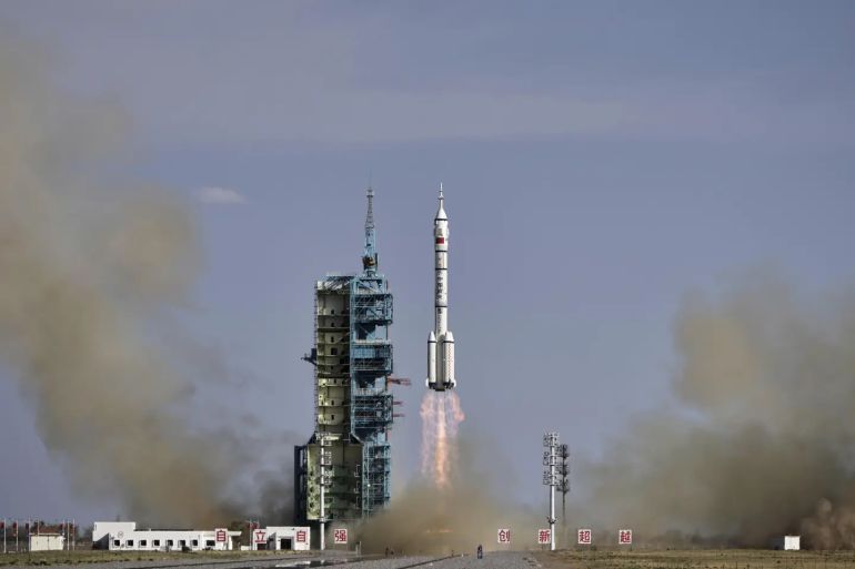 China's Long March 2F rocket, carrying three astronauts for the Shenzhou 20 manned space mission, lifts off for a space station, at the Jiuquan Satellite Launch Center in Jiuquan, northwestern China, Thursday, April 24, 2025. (AP Photo/Andy Wong)