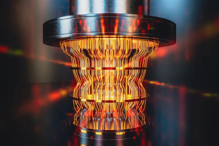 A futuristic glowing quantum computer unit, 3d render