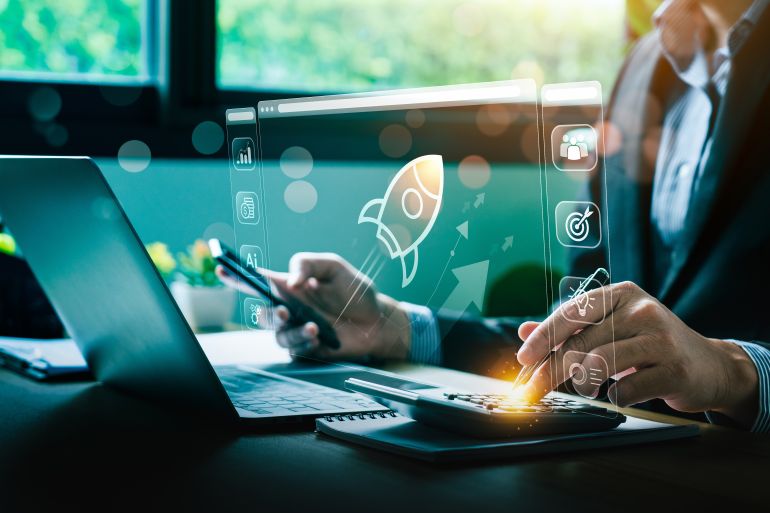 Global tech startup innovates to connect customers worldwide. Emphasizes creativity, resource management for sustainability. Clear leadership, digital marketing. Startup business concept; Shutterstock ID 2469041697; purchase_order: aljazeera ; job: ; client: ; other: