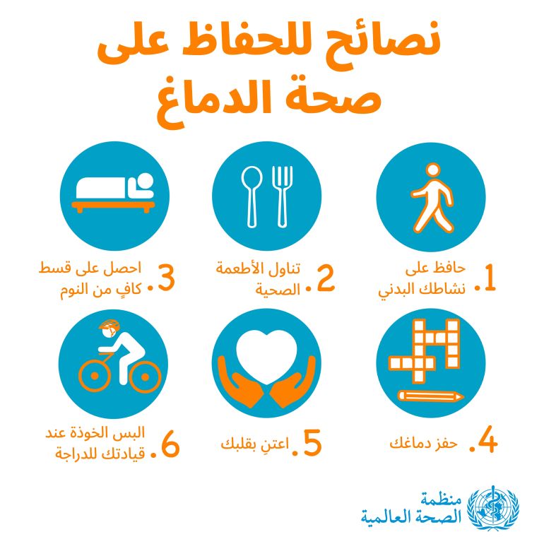 نصائح للحفاظ على صحة دماغك 🧠: ⛹️♂️ حافظ على نشاطك البدني 🍏 تناول الأطعمة الصحية 😴 احصل على قسط كافٍ من النوم 🧩 حفز دماغك ❤️ اعتنِ بقلبك ⛑️ البس الخوذة عند قيادتك للدراجة منظمة الصحة العالمية