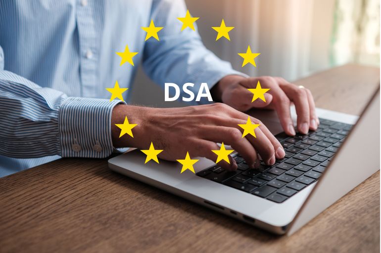 DSA (Digital Services Act) introduced by the European Union. New rules for online safety, content moderation, and platform transparency. Concept.