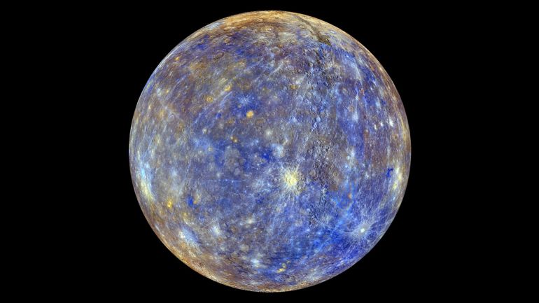 An image of the planet Mercury produced by NASA'S MErcury Surface, Space ENvironment, GEochemistry, and Ranging, or MESSENGER probe is seen in an undated picture released April 16, 2015. These colors are not what Mercury would look like to the human eye, but rather the colors enhance the chemical, mineralogical, and physical differences between the rocks that make up Mercury's surface, according to NASA. The MESSENGER spacecraft that made surprising discoveries of ic
