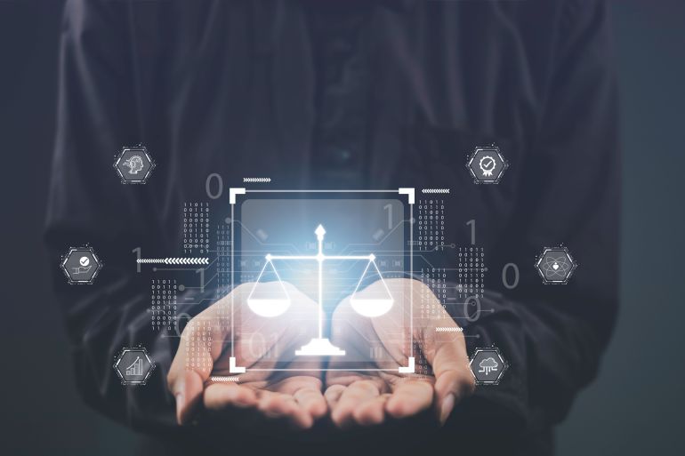 Compliance, Business policy target in digital transformation and responsibility for guarding against unintended bias. AI Law or AI ethics business concept. Artificial intelligence developing codes. شترستوك