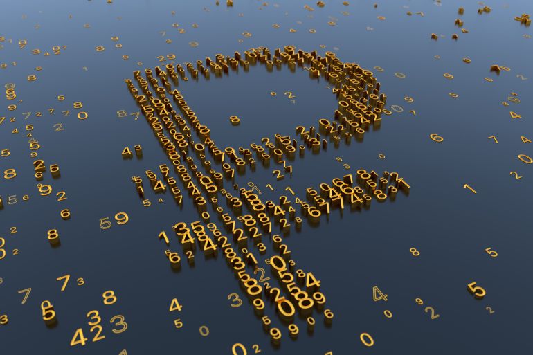 The Russian ruble or rouble symbol made of golden numbers on the dark background. 3D rendering; Shutterstock ID 1262553295; purchase_order: aljazeera ; job: ; client: ; other: