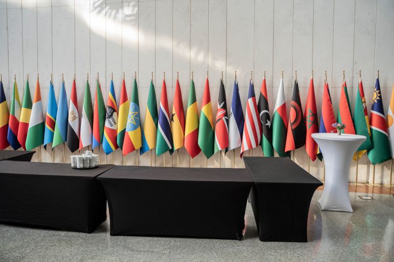 Flags of African Union Member states are seen during the 38th African Union (AU) Summit, where leaders will elect a new head of the AU Commission, at the AU Headquarters in Addis Ababa on February 15, 2025. (Photo by Amanuel Sileshi / AFP)