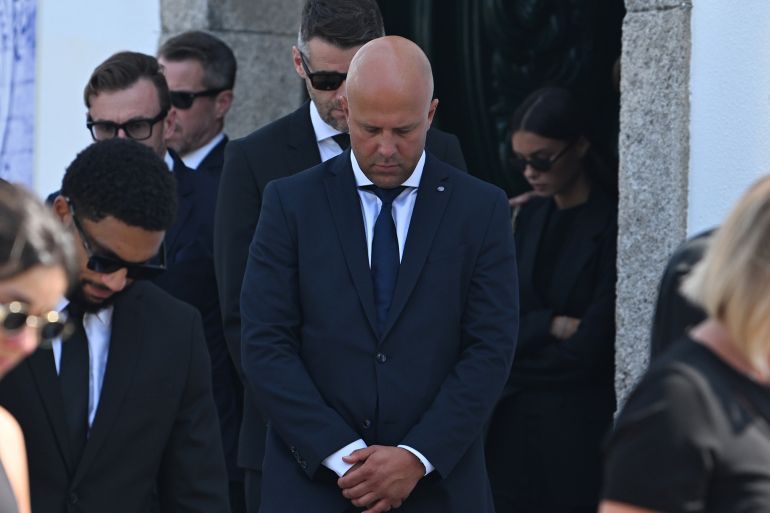 Liverpool manager Arne Slot leaves the funeral of Diogo Jota and Andre Silva being held at Igreja Matriz de Gondomar in the town of Gondomar near Porto. The Liverpool and Portugal forward died along with his younger brother Andre Silva in the accident in Zamora on Thursday morning. Picture date: Saturday July 5, 2025. (Photo by PA/PA Images via Getty Images)