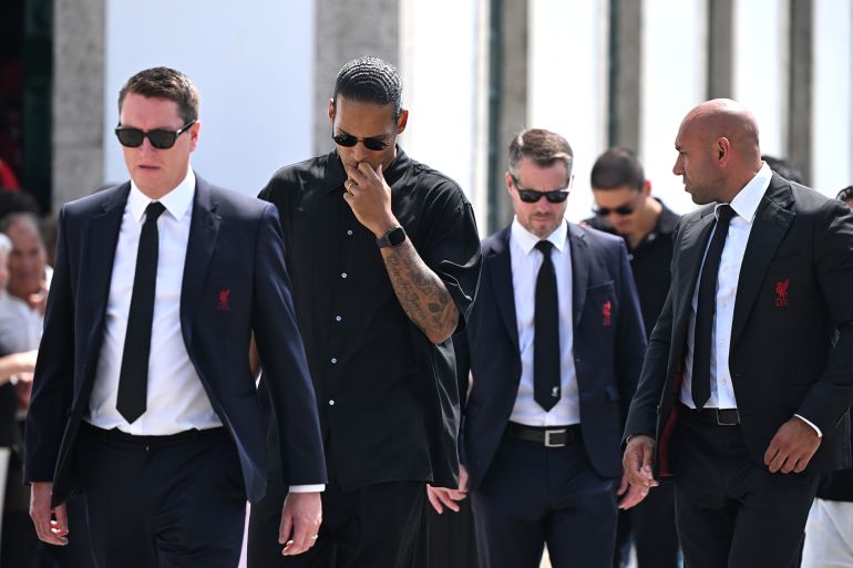 Liverpool's Virgil van Dijk after the funeral of Diogo Jota and Andre Silva being held at Igreja Matriz de Gondomar in the town of Gondomar near Porto. The Liverpool and Portugal forward died along with his younger brother Andre Silva in the accident in Zamora on Thursday morning. Picture date: Saturday July 5, 2025. (Photo by PA/PA Images via Getty Images)