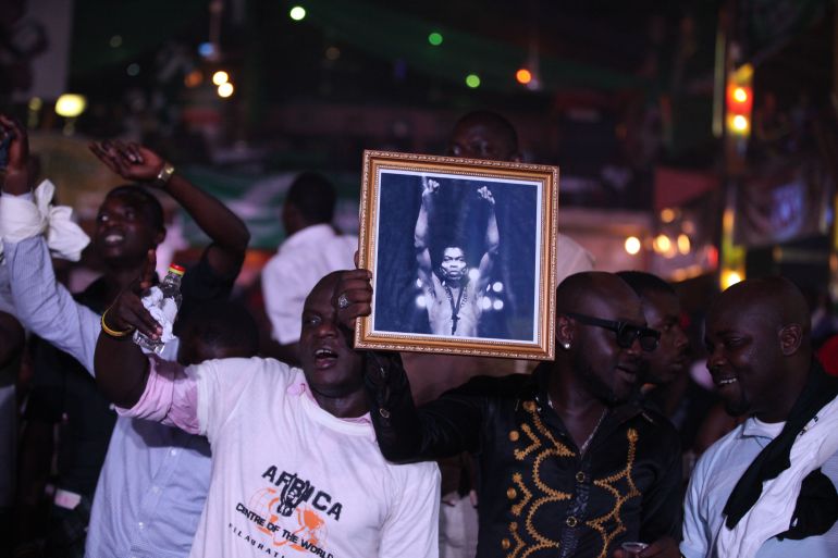 Afrobeat fans attends felebration at the New Afrika Shrine in Lagos, Nigeria, on Sunday, Oct. 21, 2012. Sunday was the final set of performances for the annual Felabration festival, a series of concerts put on by the family of the late Afrobeat singer Fela Anikulapo-Kuti. (AP Photo/Sunday Alamba)