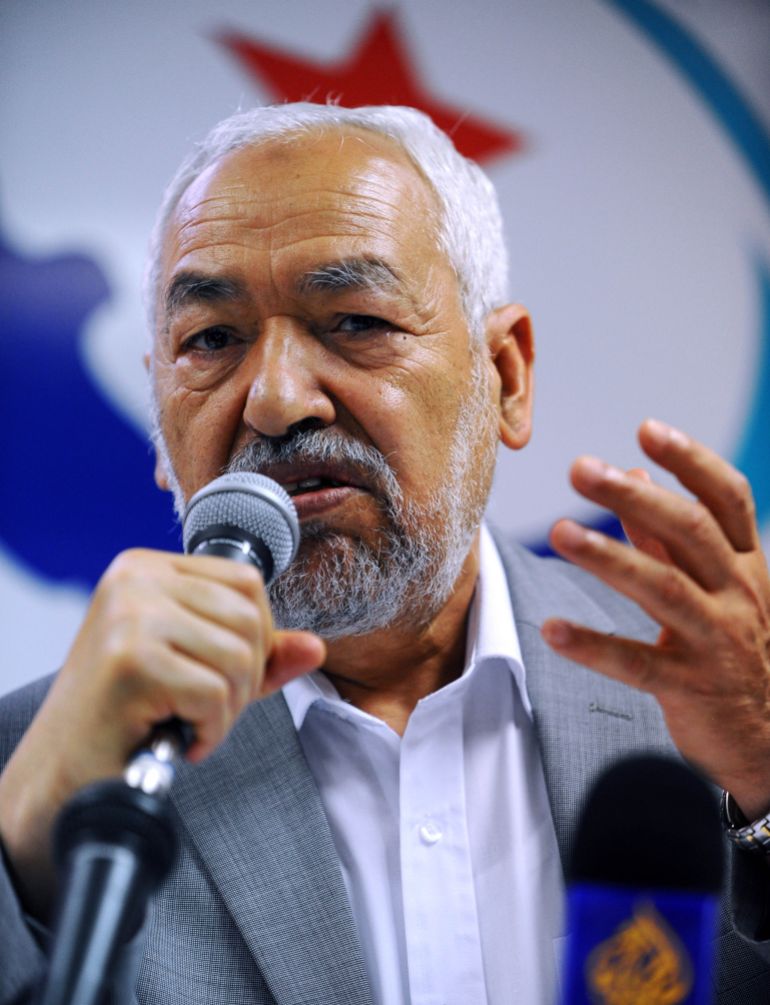 The leader of the Tunisian Islamist Movement, Ennahdha, Rachid Ghannouchi addresses reporters during a press conference held in Tunis, Tunisia, Monday June 27, 2011. Tunisia's leading Islamist party is pulling out of a commission tasked with preparing the country's first elections since its president was ousted in a popular revolt. The commission is preparing elections for an assembly meant to write a new constitution for Tunisia, where an uprising this year sparked protests around the Arab world.(AP Photo/Hassene Dridi)