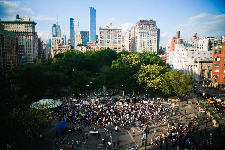 People gather at Union Square as they participate in the "Stop starving Gaza Now" protest during the ongoing conflict between Israel and the Palestinian Islamist group Hamas, in New York City, U.S., July 22, 2025. REUTERS/Eduardo Munoz