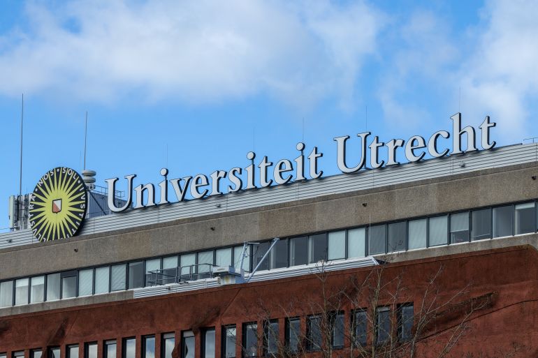 Utrecht, the Netherlands 25 February 2023. Universiteit Utrecht building sign. Utrecht University is a public research university in Utrecht. It is one of the oldest universities in the Netherlands.