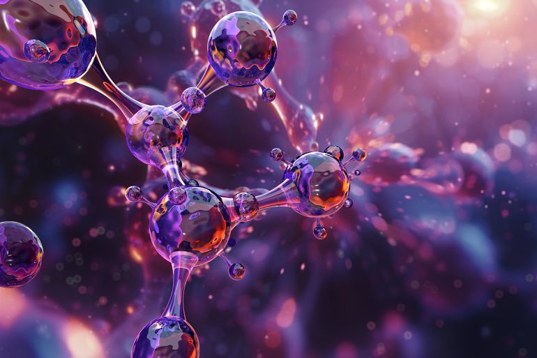 3D model of molecules. Atoms, chemical bonds, molecular nano structure. Innovation in science, DNA, medicine, education. Chemistry science research, biology, pharmaceuticals biotechnology illustration; Shutterstock ID 2473879575; purchase_order: aj net; job: ; client: ; other: