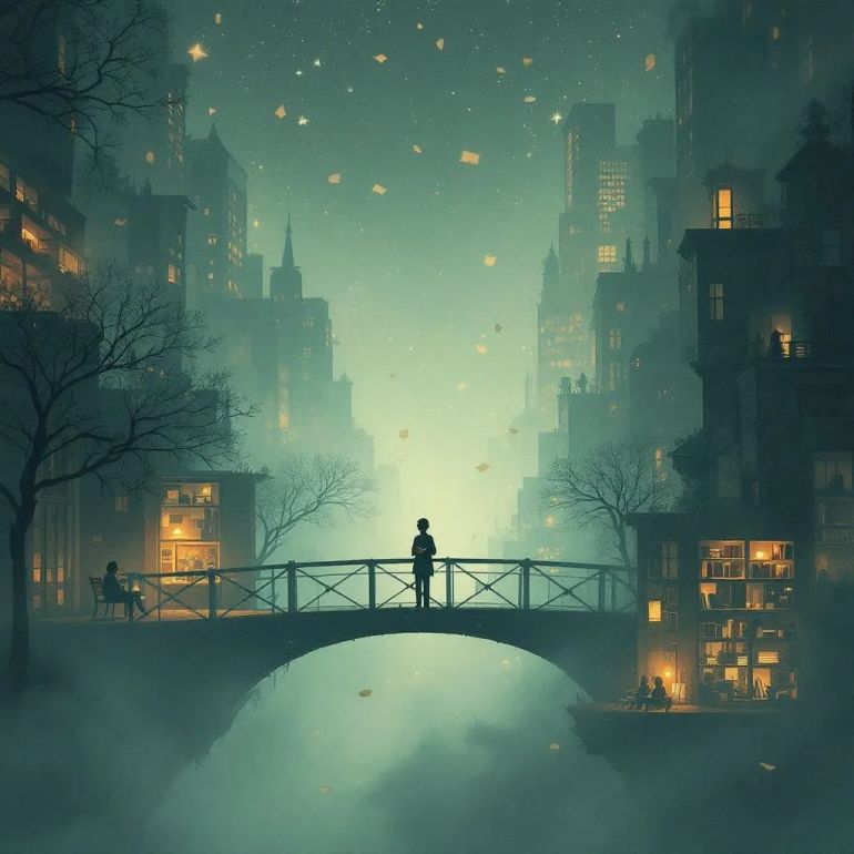 A surreal, dreamlike city enclosed by faint, translucent walls—"the city of mysterious walls." It floats gently in a sea of mist, suspended between night and dawn. Inside the city, people move slowly through quiet streets, reading, sitting in solitude, or looking at the sky. Warm lights spill from windows filled with books and art. One figure stands still in the middle of a bridge, gazing into the fog, holding a book to their chest. Above, stars flicker faintly, merging with drifting fragments of paper, symbolizing thoughts and memories. The mood is melancholic yet peaceful—a soft sadness, quiet longing, and fragile hope. The atmosphere evokes deep introspection and the feeling of being gently untethered from time.