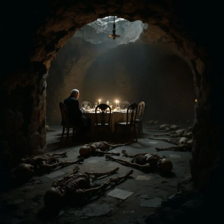 في "الهرّاب"، يكشف أبطال الرواية قبوًا يحوي 17 هيكلًا عظميًا، ضحايا حفلات كان يقيمها جد إنريكو ماسياس قبل أن يقتل ضيوفه ويدفنهم سرًا. (مولدة بالذكاء الاصطناعي)