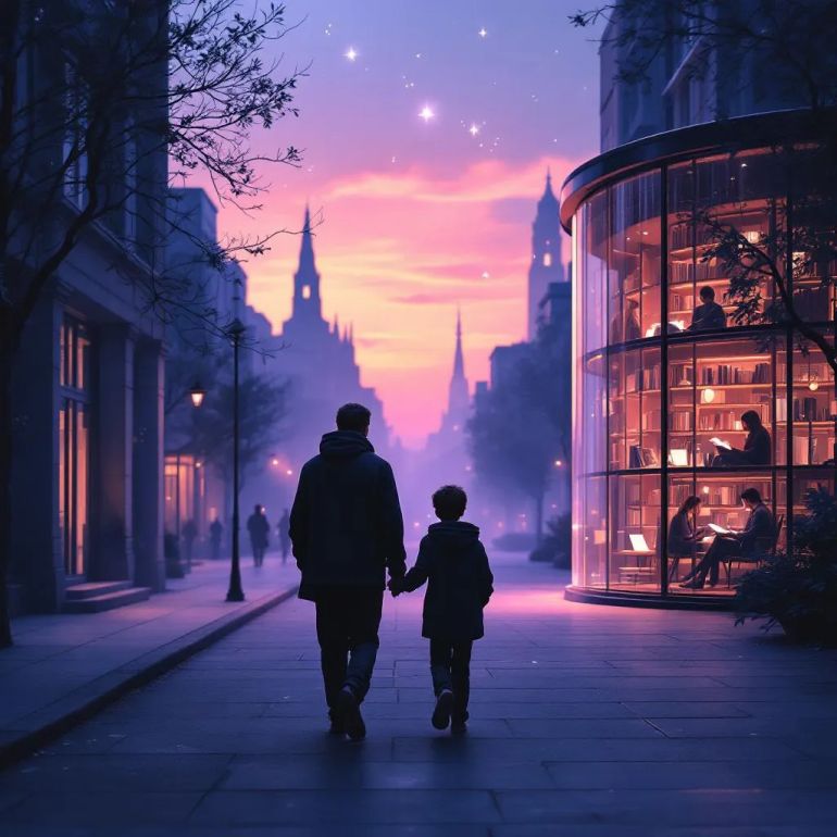 A surreal, peaceful urban scene at twilight. A quiet, introspective man walks beside a silent teenage boy through softly lit city streets, symbolizing a generational handover. The city is calm and dreamlike, a gentle contrast to earlier turmoil — a spiritual sanctuary for lost souls. In the background, a warmly glowing library with transparent walls reveals people reading in silence, their hands faintly glowing as if absorbing dreams from the books. Above them, faint stars begin to appear, blending reality and magic. The atmosphere is reflective and poetic, capturing a sense of quiet acceptance, spiritual continuity, and the beauty of simple moments.