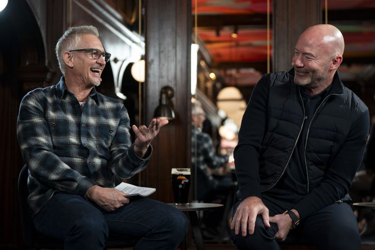 Gary Lineker and Alan Shearer take part in The Rest Is Football live show, at the Audley Public House in Mayfair, central London. Picture date: Wednesday December 18, 2024. (Photo by Ben Whitley/PA Images via Getty Images)