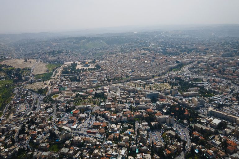 بكاميرا الدرون وتظهر بها البلدة القديمة والمسجد الأقصى