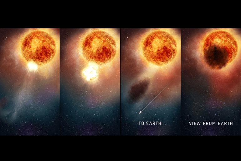 للاستخدام الداخلي فقط - This graphic shows what likely caused Betelgeuse to become dimmer for a time in 2019. Credit: NASA, ESA, and E. Wheatley (STScI)