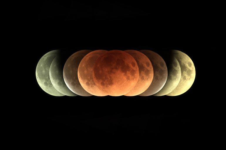 Time series of total Lunar eclipse on 31 January 2018 as it appeared as supermoon at perigee and also a blue Moon as a second full moon of January 2018