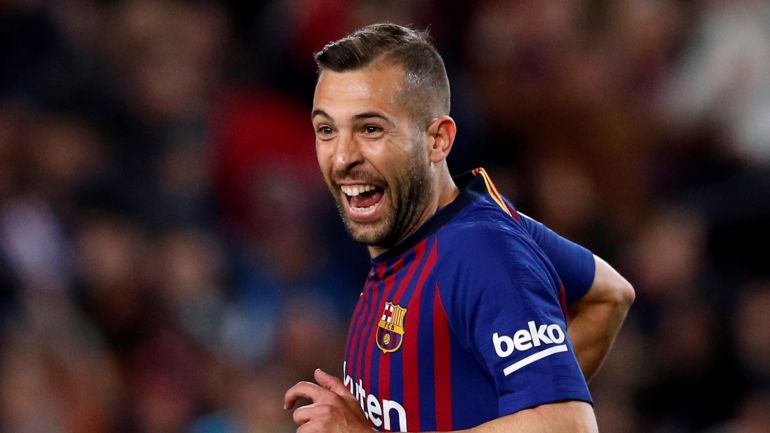 Soccer Football - La Liga Santander - FC Barcelona v Real Sociedad - Camp Nou, Barcelona, Spain - April 20, 2019 Barcelona's Jordi Alba celebrates scoring their second goal REUTERS/Albert Gea