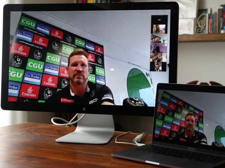 MELBOURNE, AUSTRALIA - APRIL 02: Collingwood Magpies AFL coach Nathan Buckley speaks to the media during a press conference held via Zoom on-line on April 02, 2020 in Melbourne, Australia. (Photo by Robert Cianflone/Getty Images)
