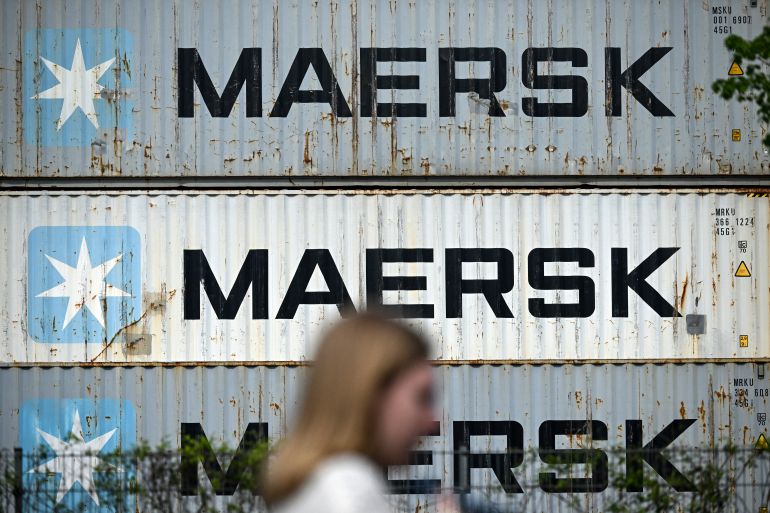 ارشيف Containers of Danish shipping company Maersk are stacked at a transshipment station in Frankfurt am Main, western Germany, on April 15, 2025. German investor sentiment in April 2025 recorded its biggest fall since Russia's full-scale invasion of Ukraine, as US President Donald Trump's huge tariffs threatened to snuff out a recovery. Market expectations for Europe's biggest economy over the next six months fell 65.6 points to sit at minus 14, the largest drop since the outbreak of war in Ukraine in 2022, according to a survey by the ZEW institute. (Photo by Kirill KUDRYAVTSEV / AFP)