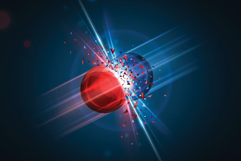 Red and blue particles collision. Vector illustration. Atom fusion, explosion concept. Abstract molecules impact. Atomic energy power blast, electrons protons collide. Two cores shatter destruction