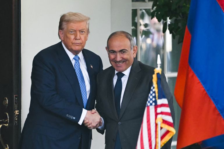 US President Donald Trump greets Armenian Prime Minister Nikol Pashinyan at the White House in Washington, DC, on August 8, 2025.