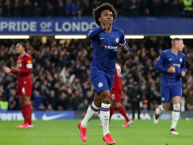 Soccer Football - FA Cup Fifth Round - Chelsea v Liverpool - Stamford Bridge, London, Britain - March 3, 2020 Chelsea's Willian celebrates scoring their first goal REUTERS/Hannah Mckay
