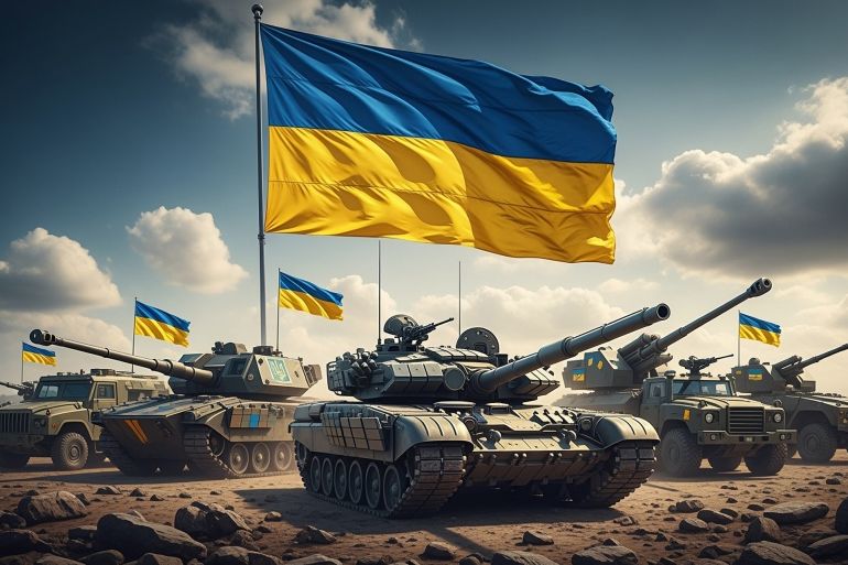War equipment with the Ukraine flag