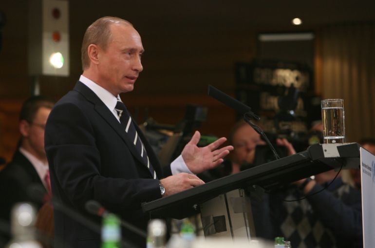 MUNICH, GERMANY - FEBRUARY 10: Russia's president Vladimir Putin speaks during the 43rd Conference on Security Policy 2007 at the Bayerischer Hof Hotel on February 10, 2007, in Munich, Germany. The 43rd Munich Security Conference takes place at the hotel over three days. (Photo by Johannes Simon/Getty Images)
