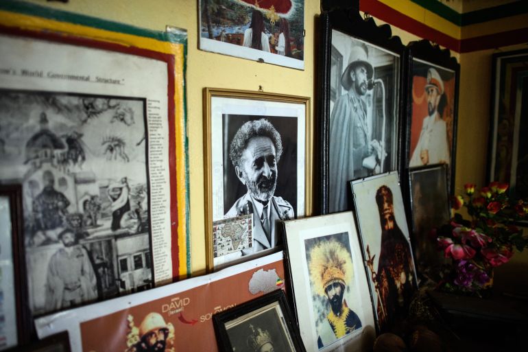 SHASHAMANE, ETHIOPIA - JANUARY 26: Pictures are displayed in a Rastafarian museum on January 26, 2017 in Shashamene Ethopia. Rastafarians from countries including the U.K, France and Jamaica continue to live in Shashamane after Ethiopia's former ruler Emperor Haile Selassie donated 500 acres of land to allow members of the Rastafari movement and settlers from Jamaica and other parts of the Caribbean to go to Africa. At one point there were believed to be 2,000 Rastafarians living in the community but that number has now dwindled to around 300. (Photo by Carl Court/Getty Images)