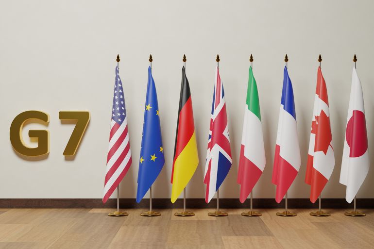 Flags of The Group of Seven (G7) is an intergovernmental political forum consisting of Canada, France, Germany, Italy, Japan, the United Kingdom and the United States; additionally, the European Union; Shutterstock ID 2367924817; purchase_order: aj; job: ; client: ; other: