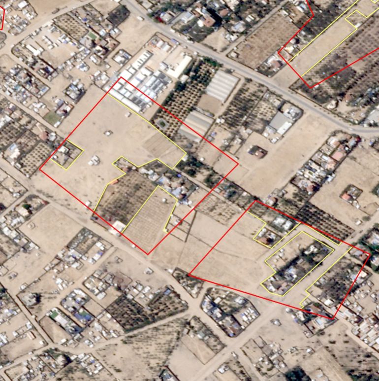 أراضِ مسورة وتحتوي على نشاط زراعي ضمن المناطق التي حددها الجيش الإسرائيلي في الزوايدة 18 يوليو 2025. (خريطة الجيش + بلانت)