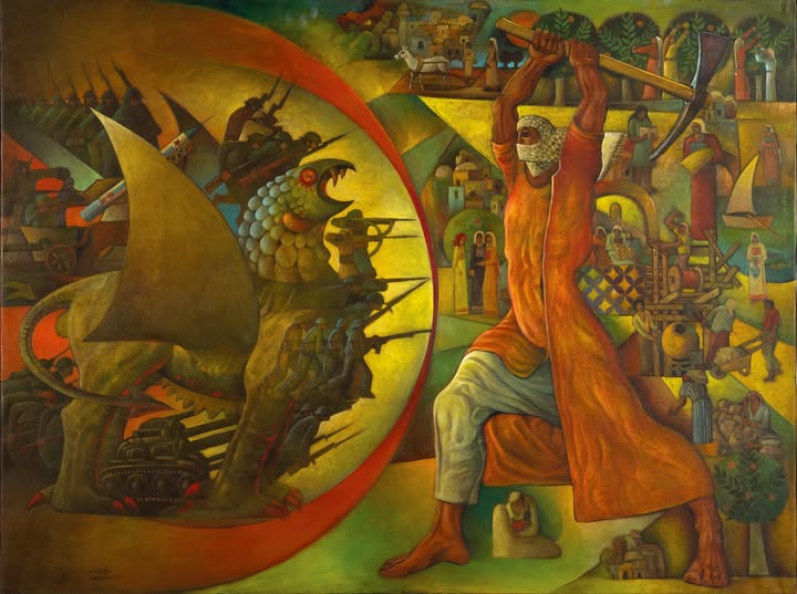 مقاومة المستوطنات الإسرائيلية - لوحة للفنان سليمان منصور