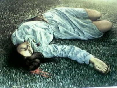 الشهيدة الطالبة لينا النابلسي استشهدت عام 1976 حينما كانت تسير في الطريق من المدرسة إلى البيت وكان عمرها 15 سنة. - لوحة للرسام المقدسي سليمان منصور