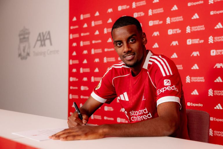KIRKBY, ENGLAND - SEPTEMBER 01: Alexander Isak signs for Liverpool FC at AXA Training Centre on September 01, 2025 in Kirkby, England. (Photo by Nikki Dyer - LFC/Liverpool FC via Getty Images)