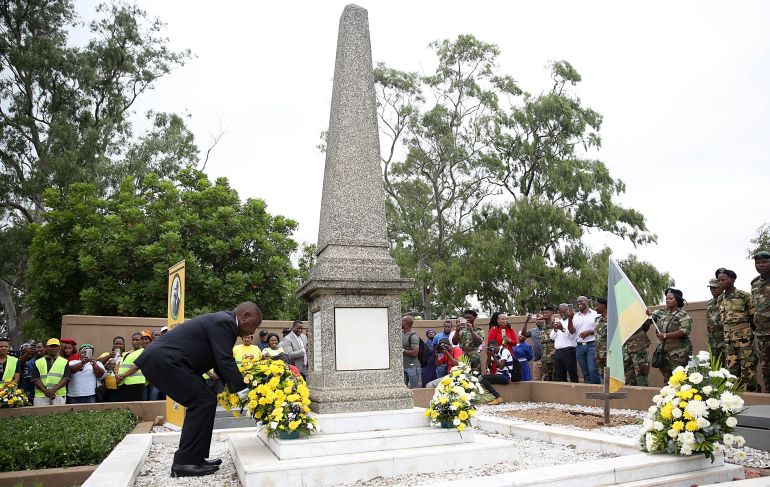 African National Congress (ANC) President Cyril Ramaphosa lays a wreath at the gravesite of former ANC president, Chief Albert Luthuli, on December 8, 2017 in Groutville, South Africa [Thuli Dlamini/Sowetan/Gallo Images/Getty Images]