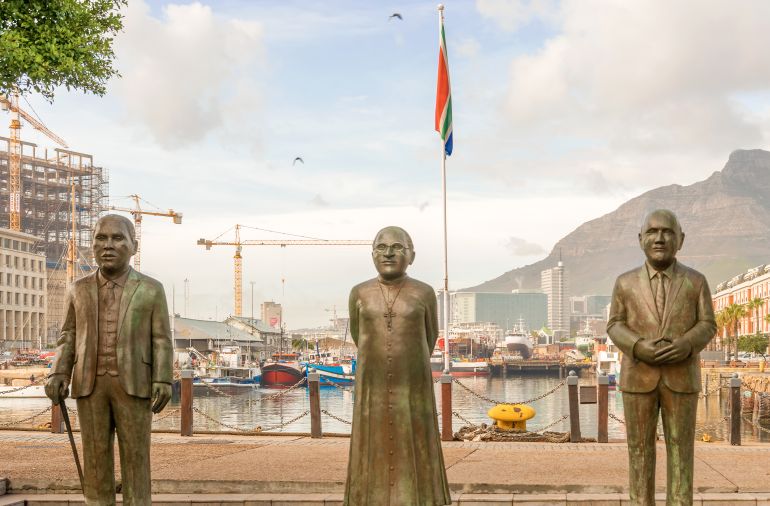 Nobel Square in Cape Town, South Africa, with the four statues commemorating, in order from left – the late Chief Albert Luthuli, Archbishop Desmond Tutu and former presidents FW de Klerk and Nelson Mandela [Getty Images]