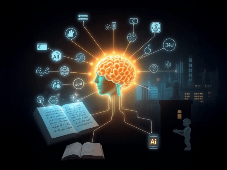 عمل فني رقمي رمزي يُظهر انتشار الذكاء الاصطناعي في مجالات متعددة. في المنتصف دماغ مضيء يمثل الذكاء الاصطناعي، تتصل به خطوط تصل إلى رموز تمثل التكنولوجيا العسكرية، التكنولوجيا الحيوية، المنازل الذكية، المصانع، ومعالجة اللغة. تمتزج المخطوطات العربية والخط العربي مع النصوص الرقمية، وتتدفق إلى مجرى بيانات متصل بخوادم ذكاء اصطناعي. في الخلفية، آلات ذكية وروبوتات تتفاعل داخل مصنع، ومنزل ذكي يستجيب لصوت بشري. يُظهر المشهد تباينا بين المعرفة العربية التقليدية والأنظمة المستقبلية.