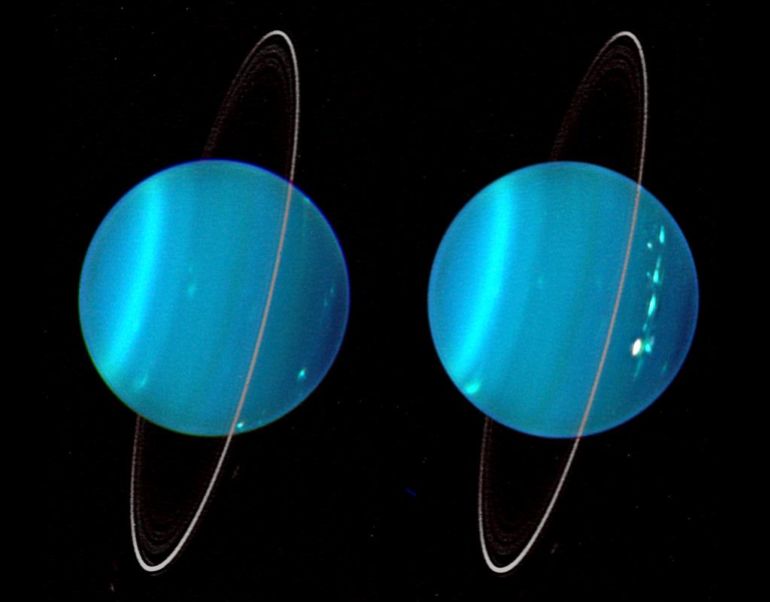 An infrared composite image of the two hemispheres of Uranus obtained with Keck Telescope adaptive optics.
