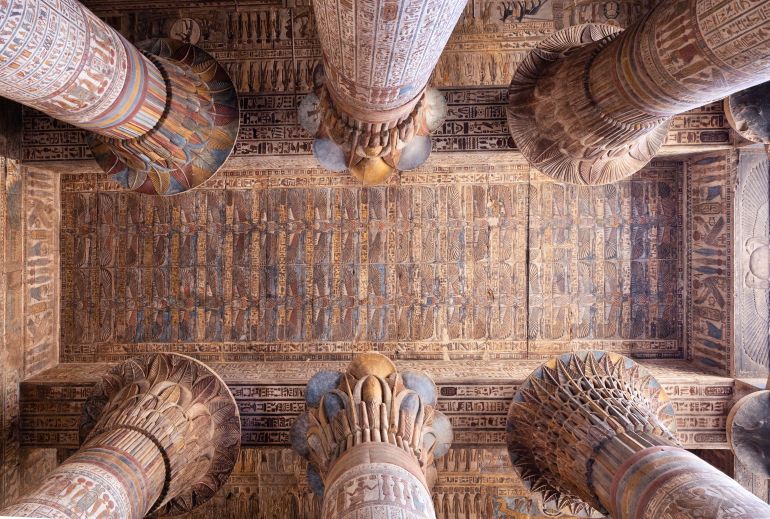 Esna, Egypt - April 16,2024: The The celling in the hypostyle hall of the Temple of Khnum .